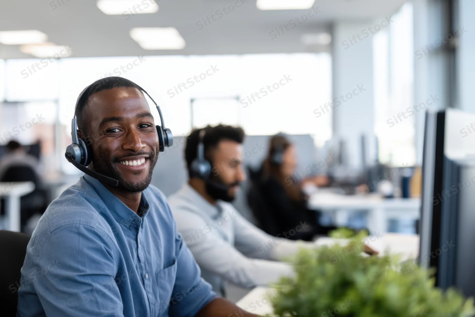 Smiling young black man wearing headset in modern office call center workspace