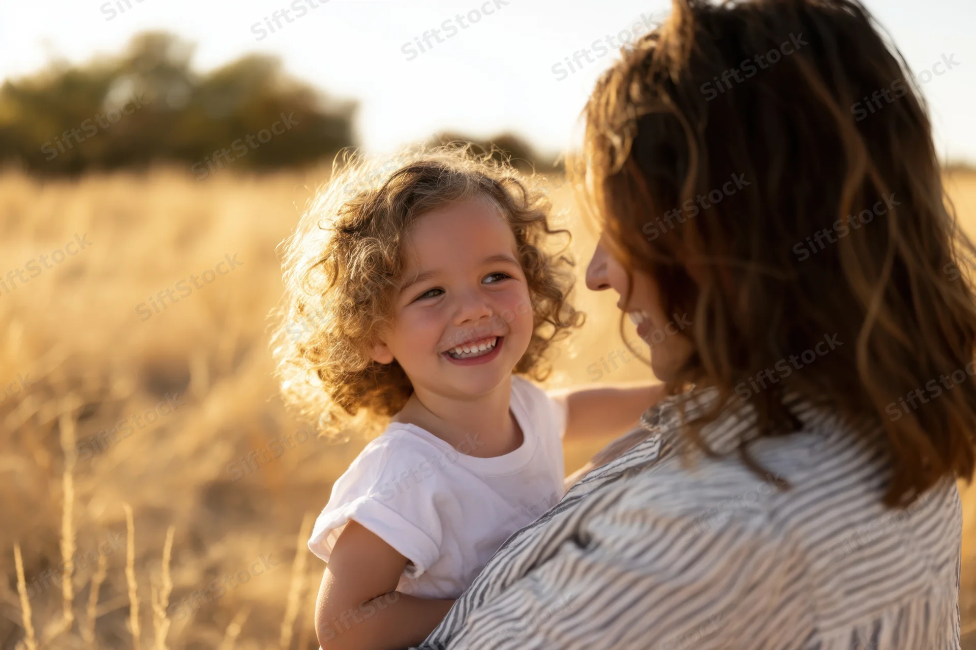 Mother holding smiling toddler in a sunlit field during golden hour
