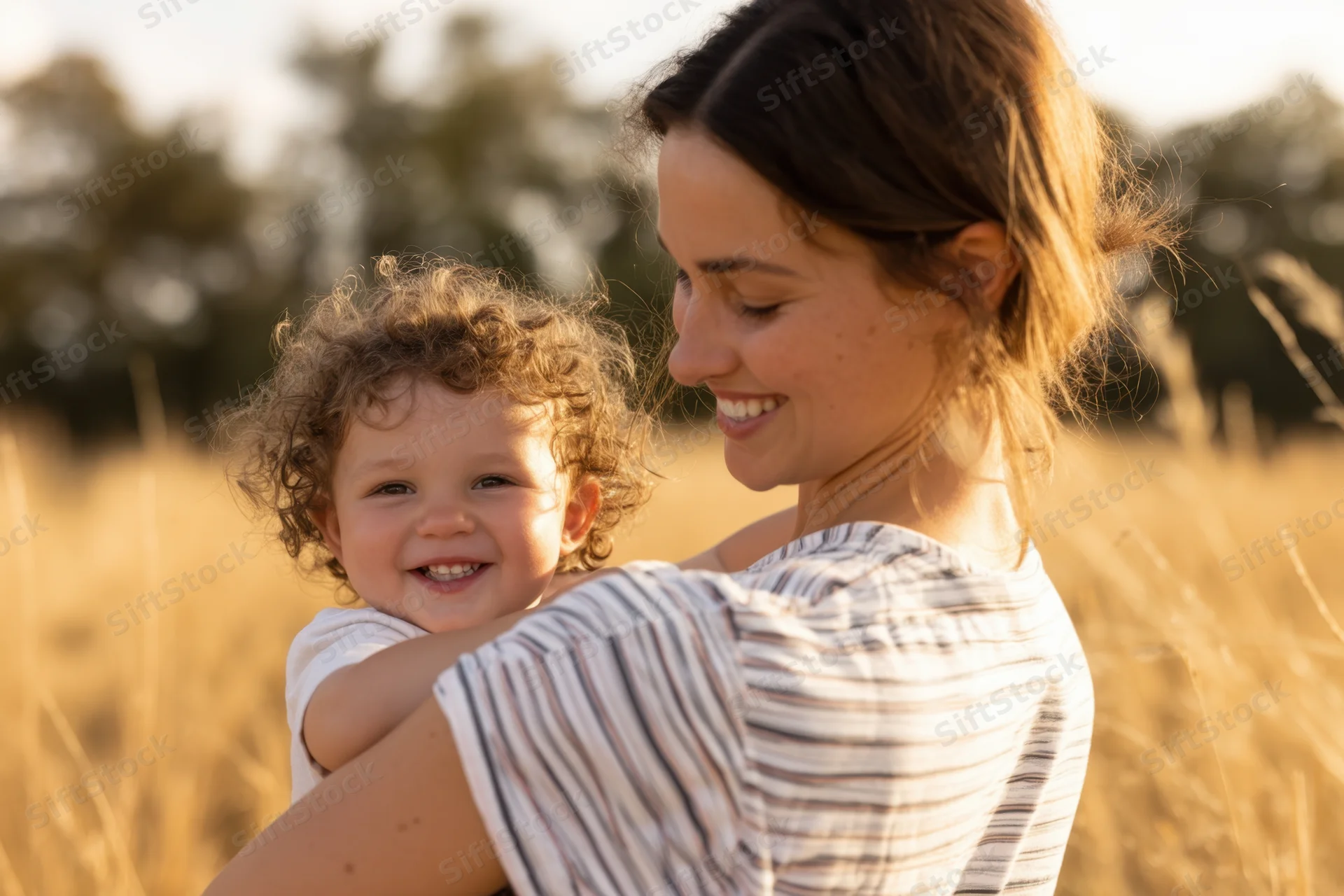 Mother holding smiling toddler in golden field at golden hour