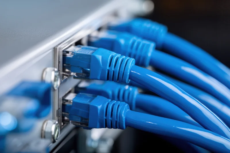 Blue ethernet cables plugged into a network switch port in closeup view