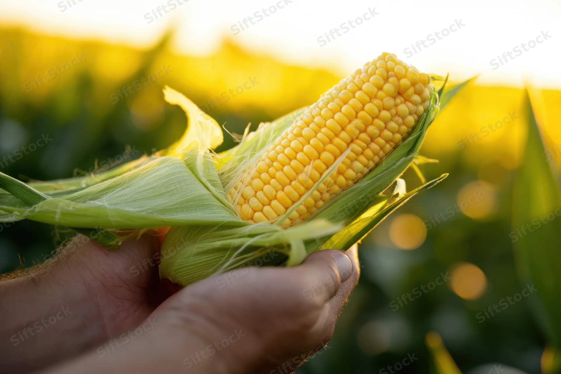 Hand holding freshly harvested ear of corn in a sunlit field