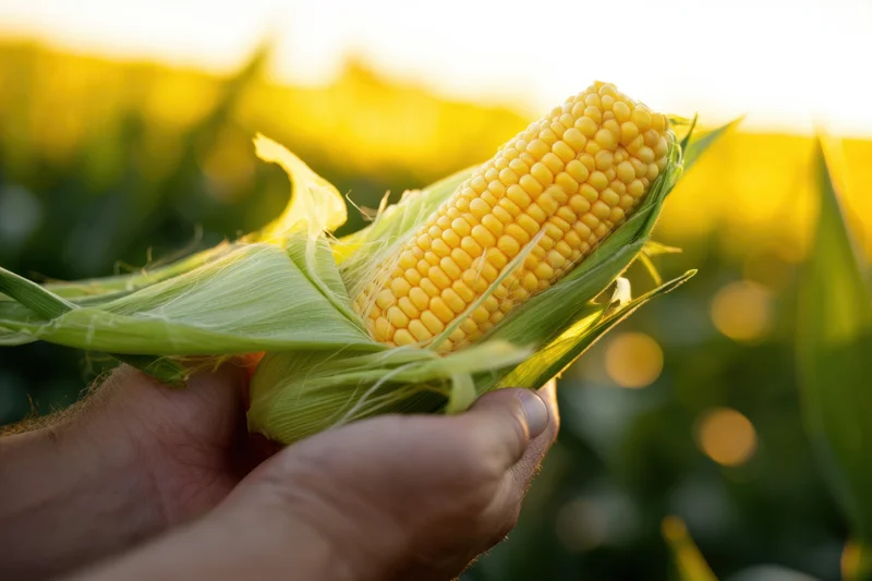 Hand holding freshly harvested ear of corn in a sunlit field