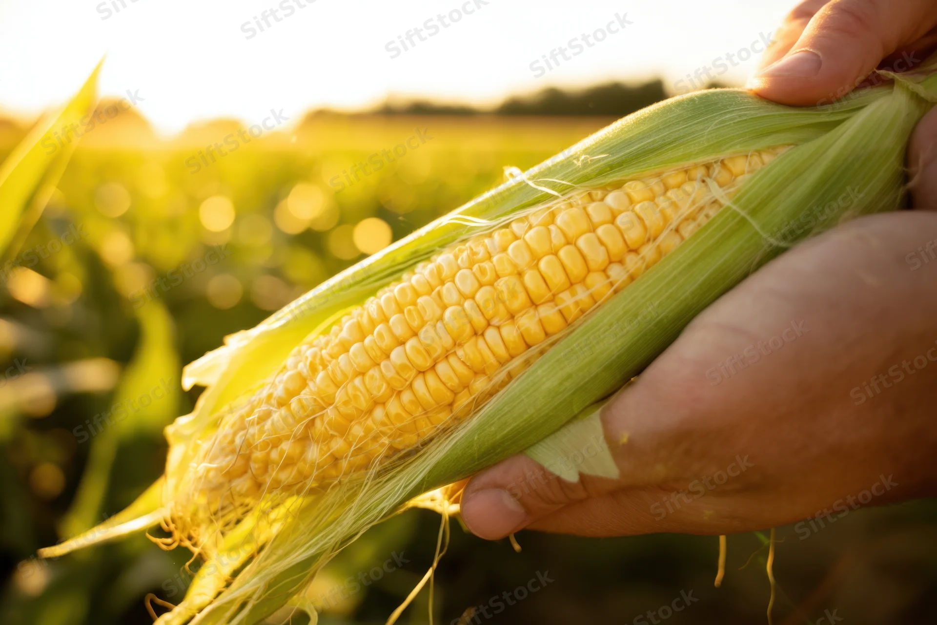 Hands holding a freshly harvested ear of corn in a sunlit field
