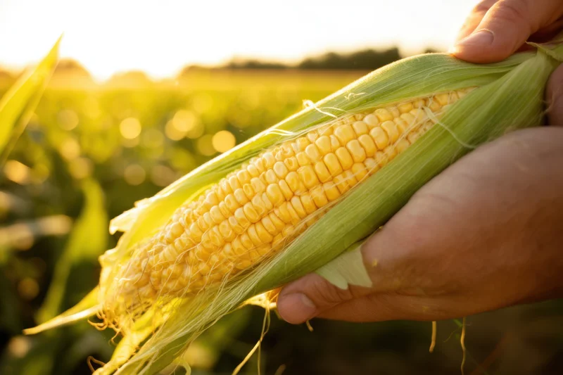 Hands holding a freshly harvested ear of corn in a sunlit field