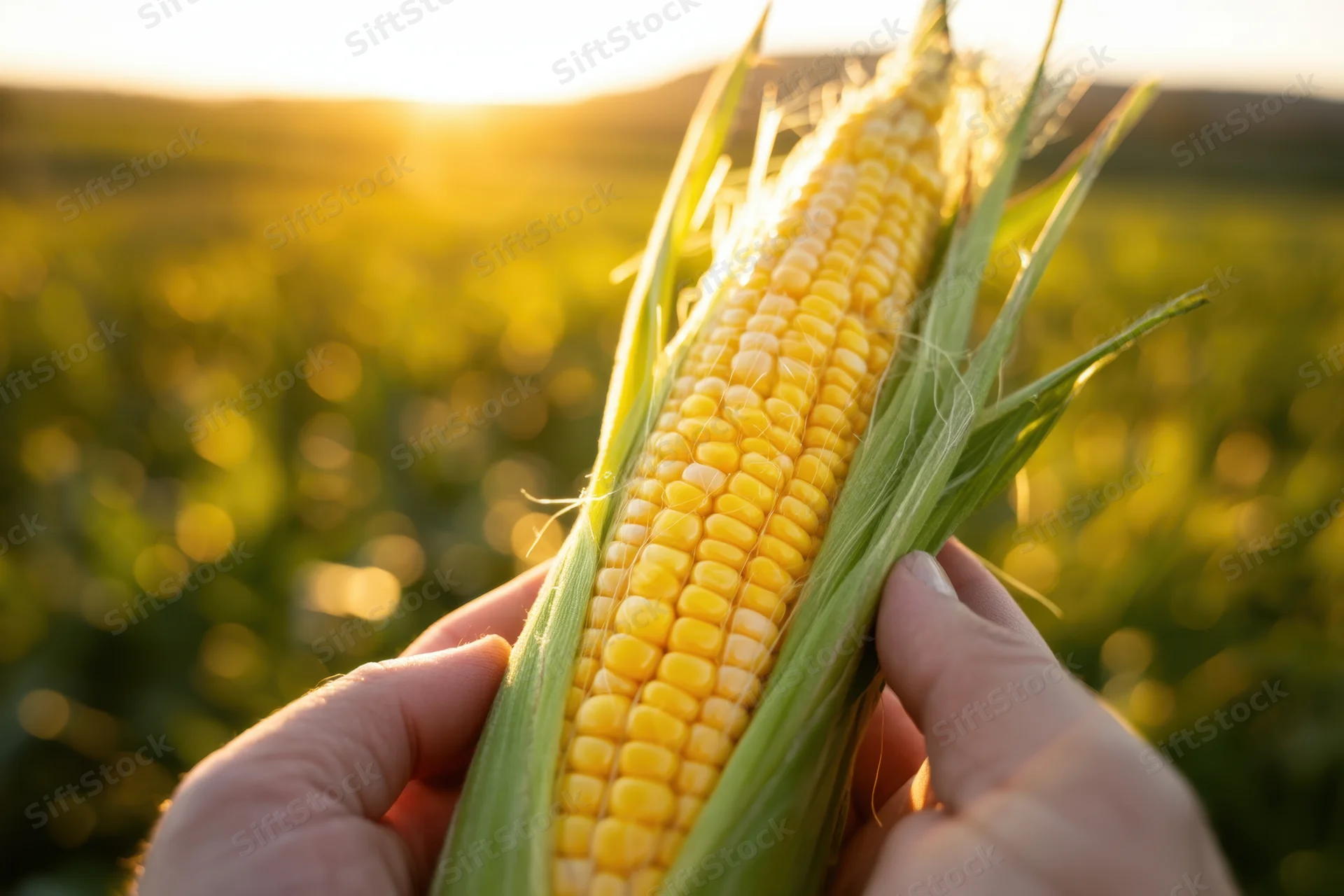 Hands holding freshly harvested corn ear in a sunlit field at sunset