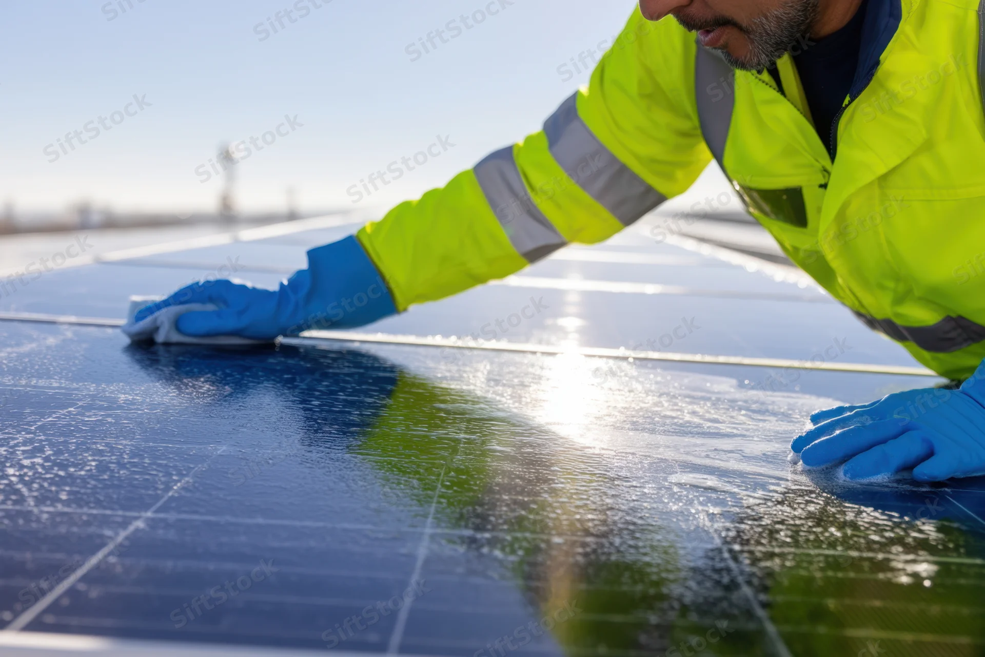 Technician cleaning solar panel on rooftop with cloth and gloves