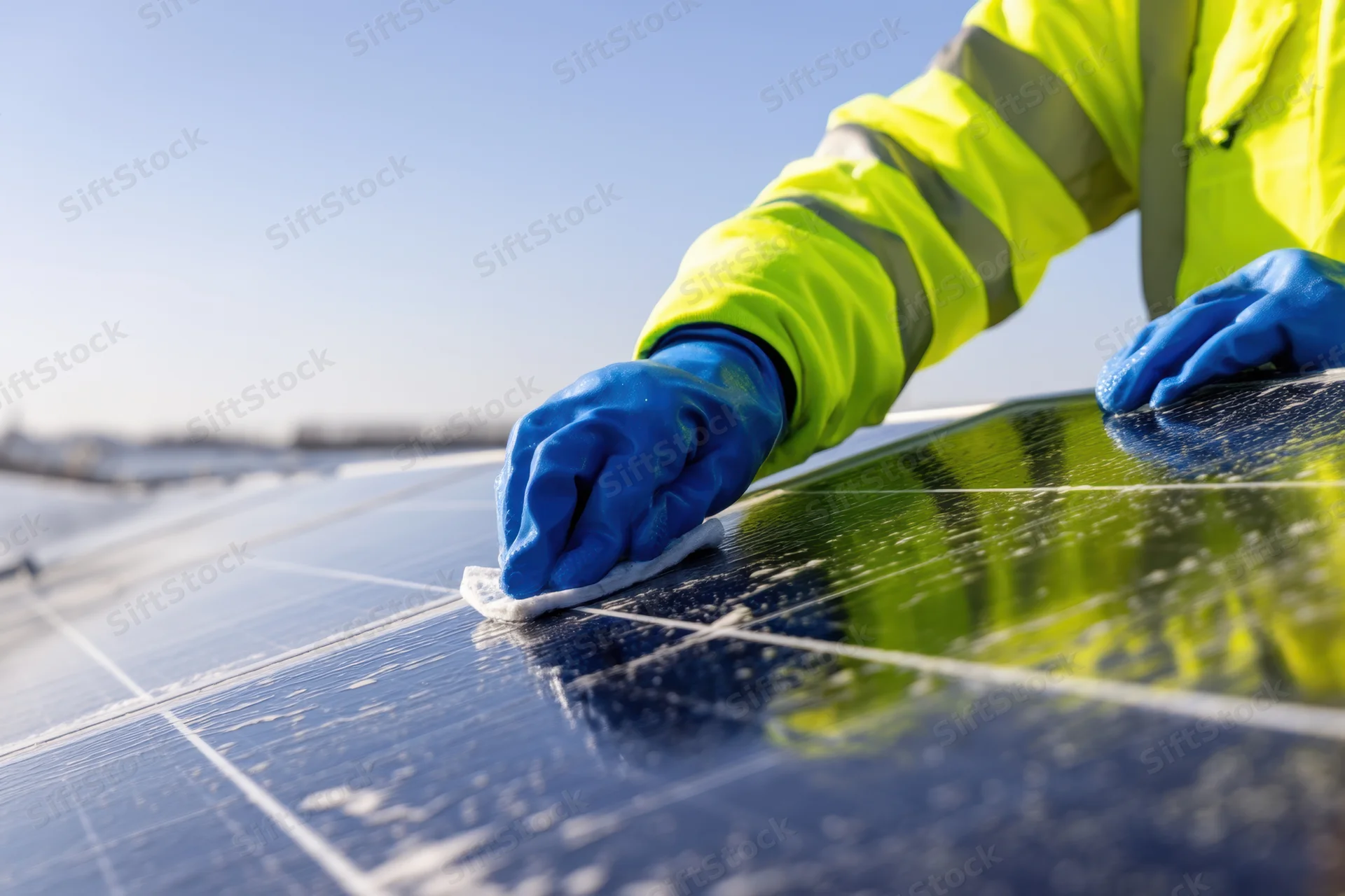 Worker cleaning solar panel surface outdoors in daylight