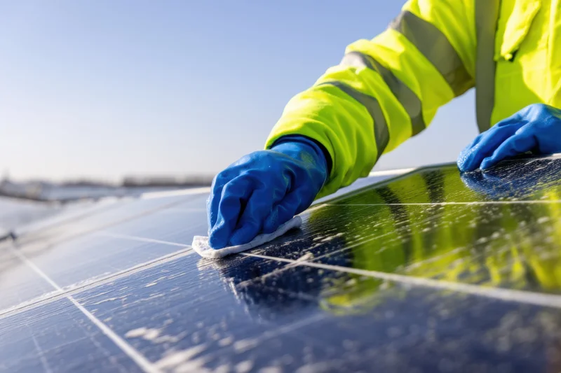 Worker cleaning solar panel surface outdoors in daylight