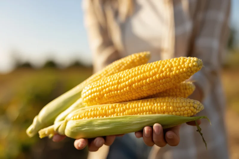 Person holding fresh ears of corn in a field during harvest season