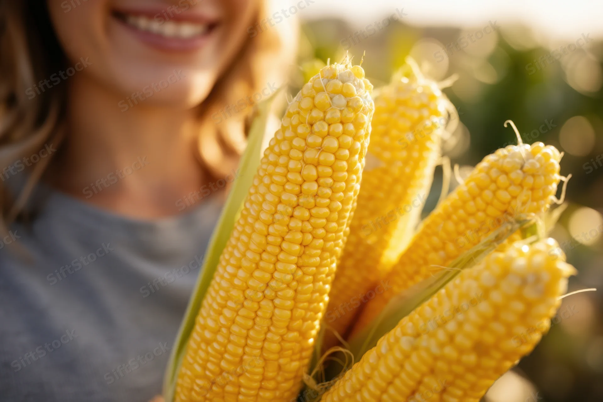 Woman holding fresh ears of corn in a sunlit field