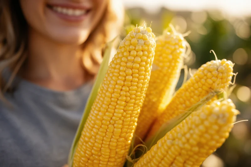 Woman holding fresh ears of corn in a sunlit field