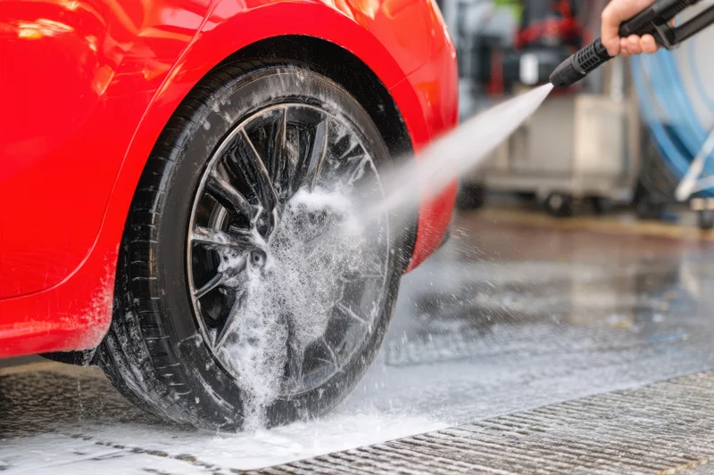 Person using pressure washer to clean car wheel in garage