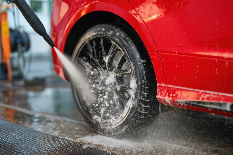Pressure washer spraying foam off a red car's alloy wheel at a car wash station