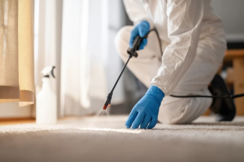 Pest control professional kneeling on carpet spraying cleaning solution indoors