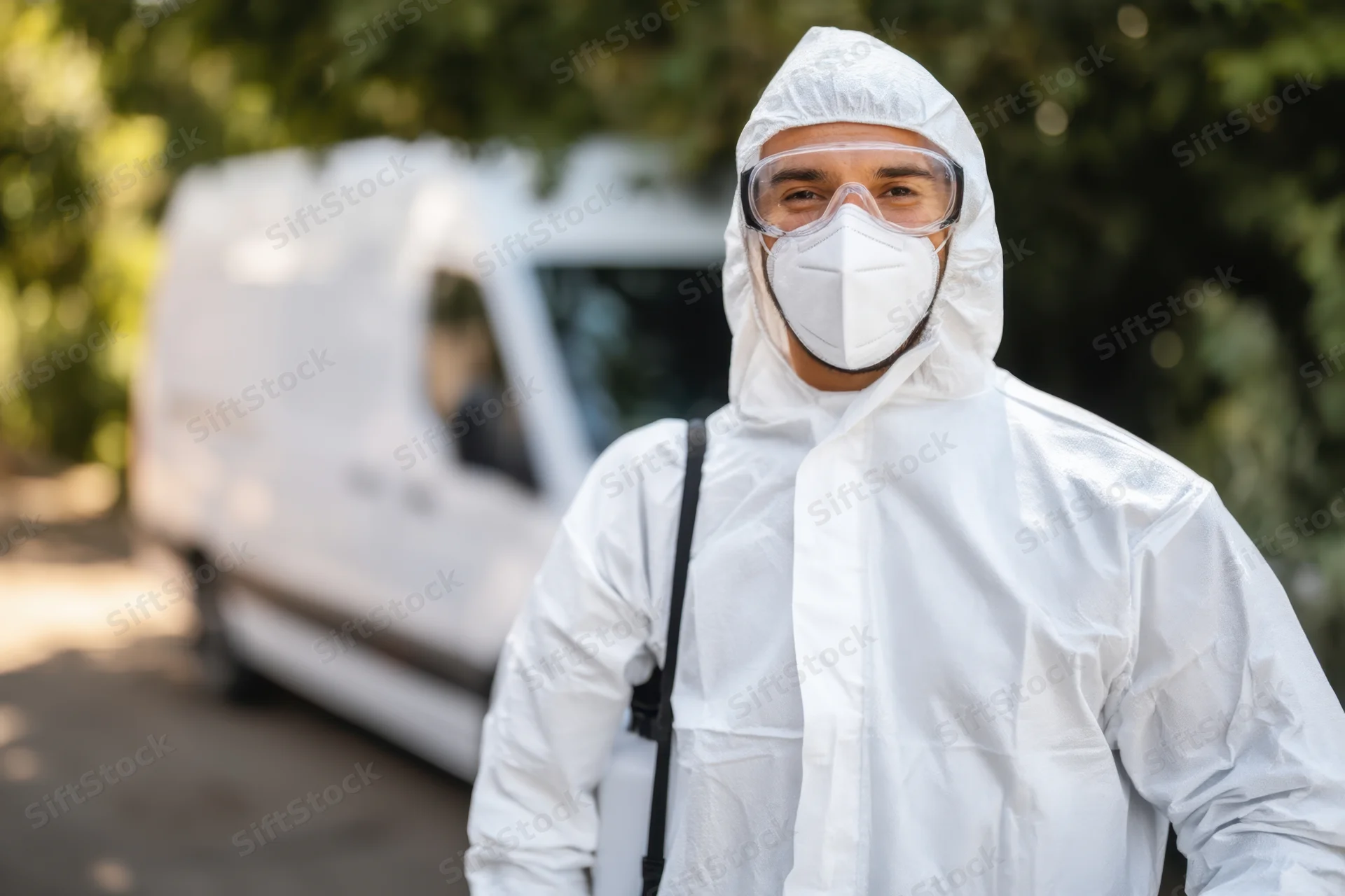 Pest control technician in white protective suit and mask standing outdoors near van