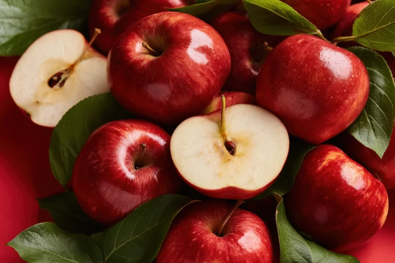 Pile of red apples with some whole and some cut in half, surrounded by green leaves on a red surface