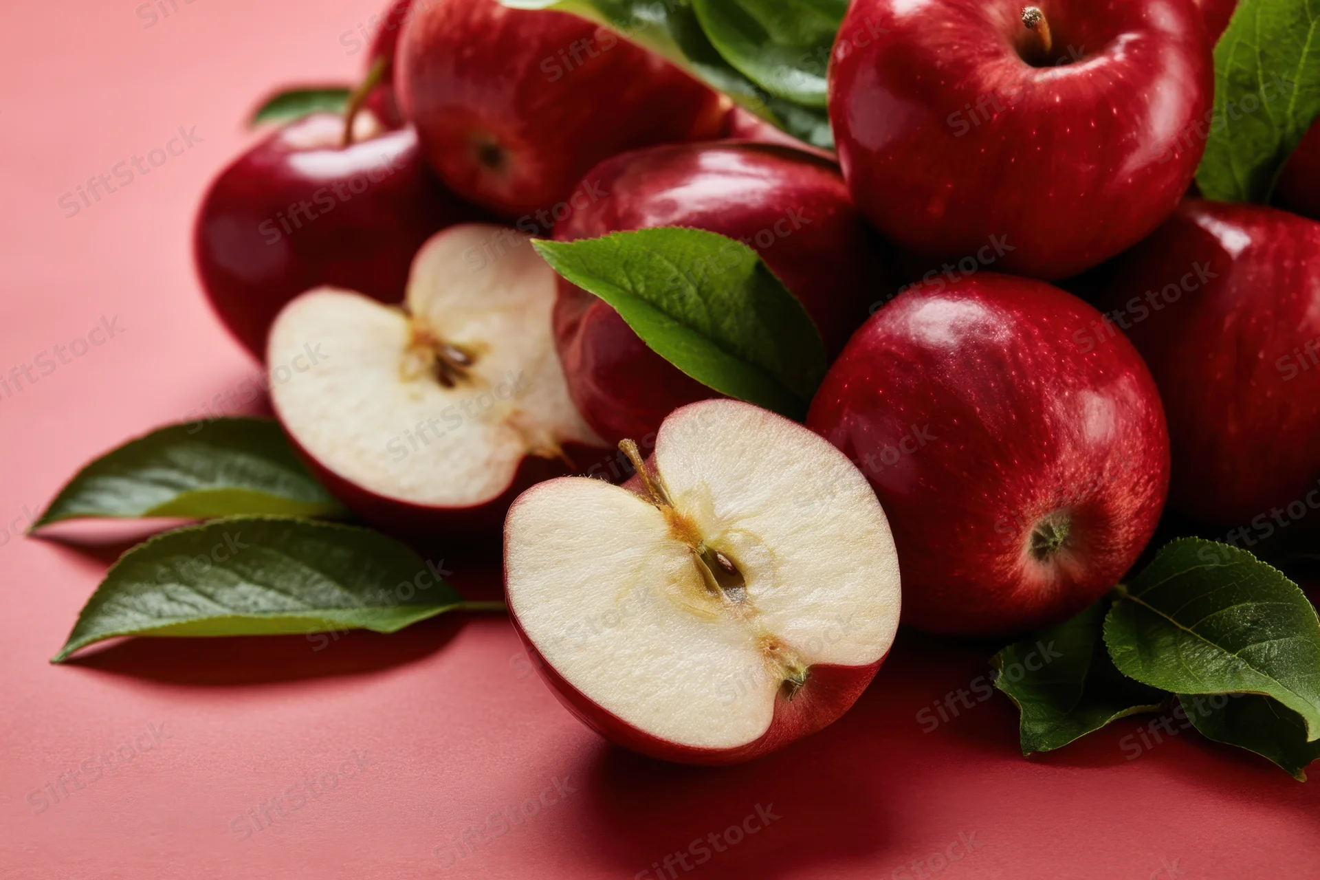 Pile of red apples with some whole and some cut in half, arranged with green leaves on a pink surface