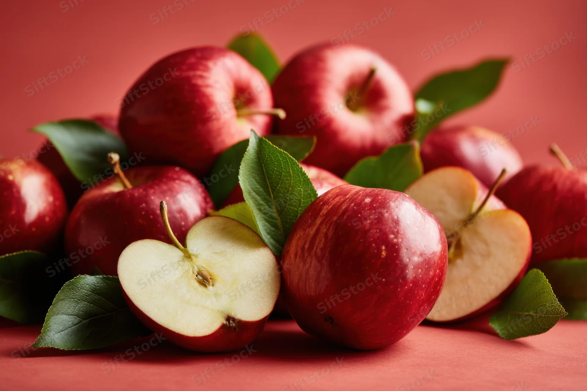 Pile of red apples with some whole and some cut in half, arranged with green leaves on a red surface