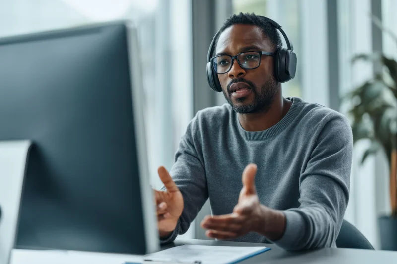 Man wearing glasses and headset gesturing while videoconferencing at office desk