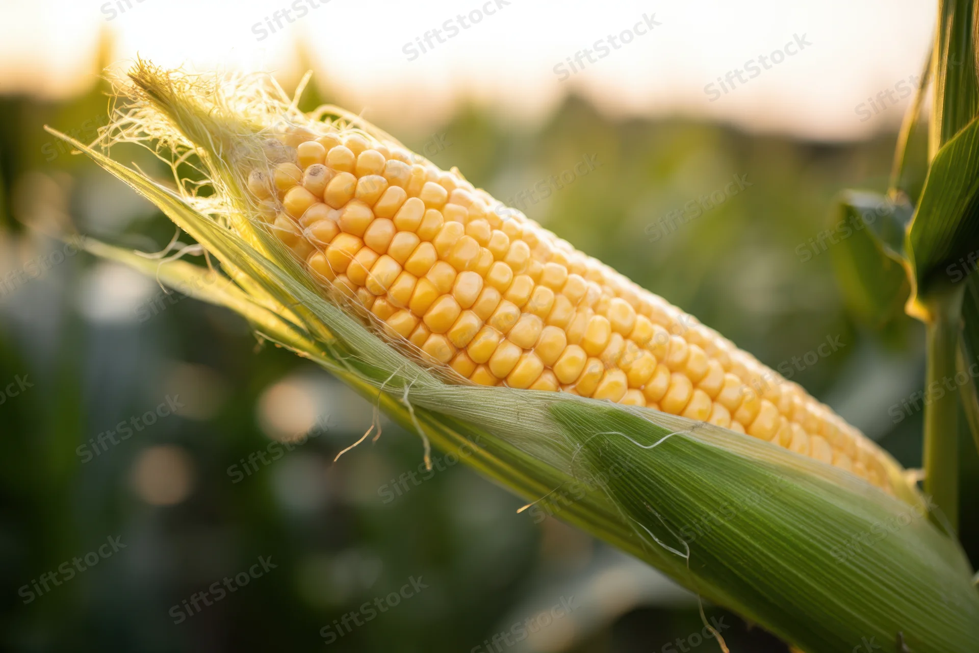 Ripe ear of corn on the cob with golden kernels partially exposed in a field