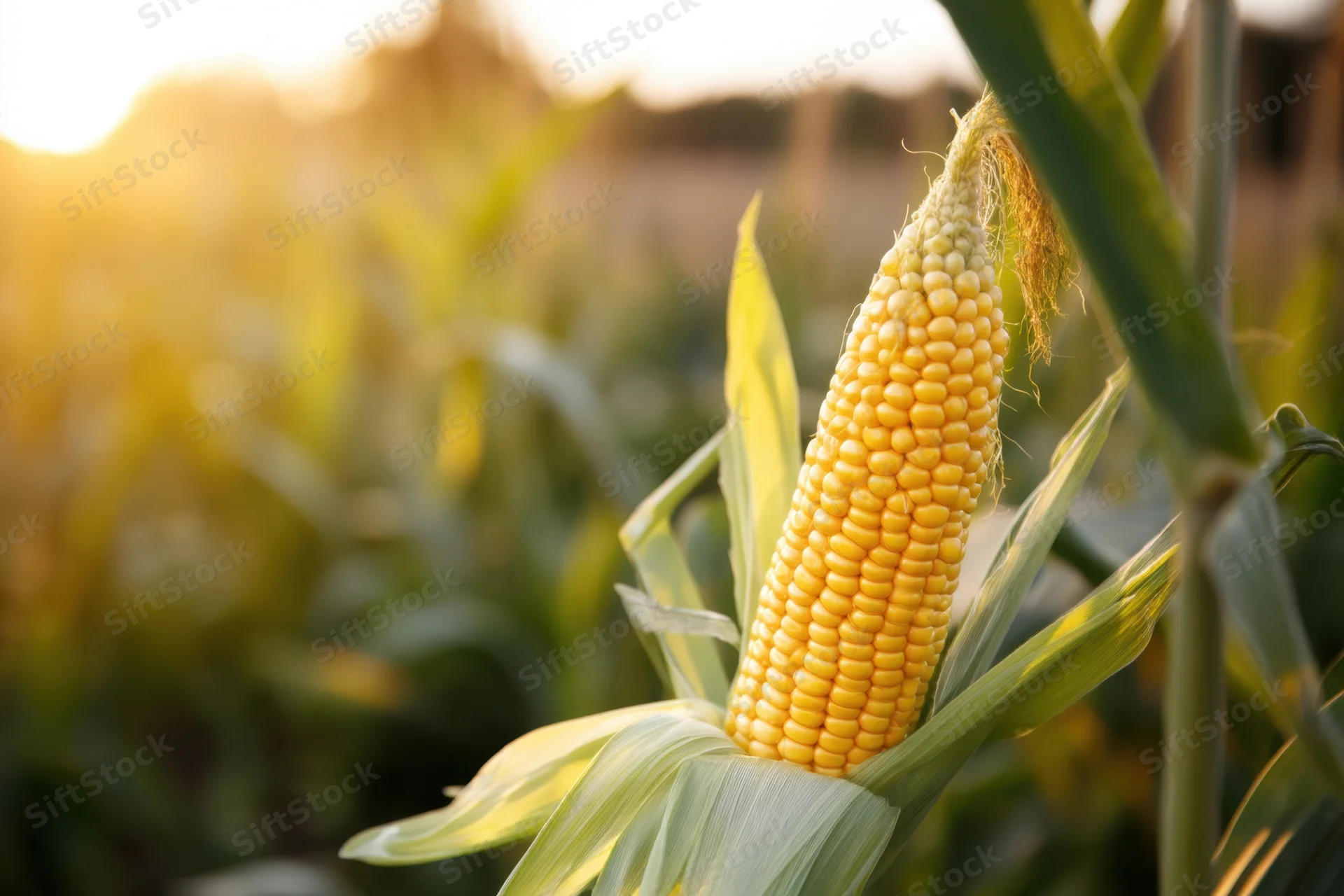 Ripe ear of corn on the cob with golden kernels in a sunlit field