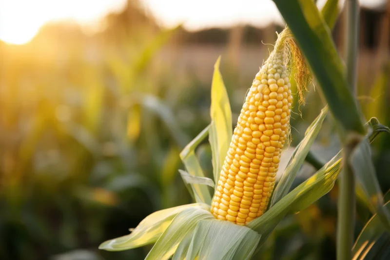 Ripe ear of corn on the cob with golden kernels in a sunlit field