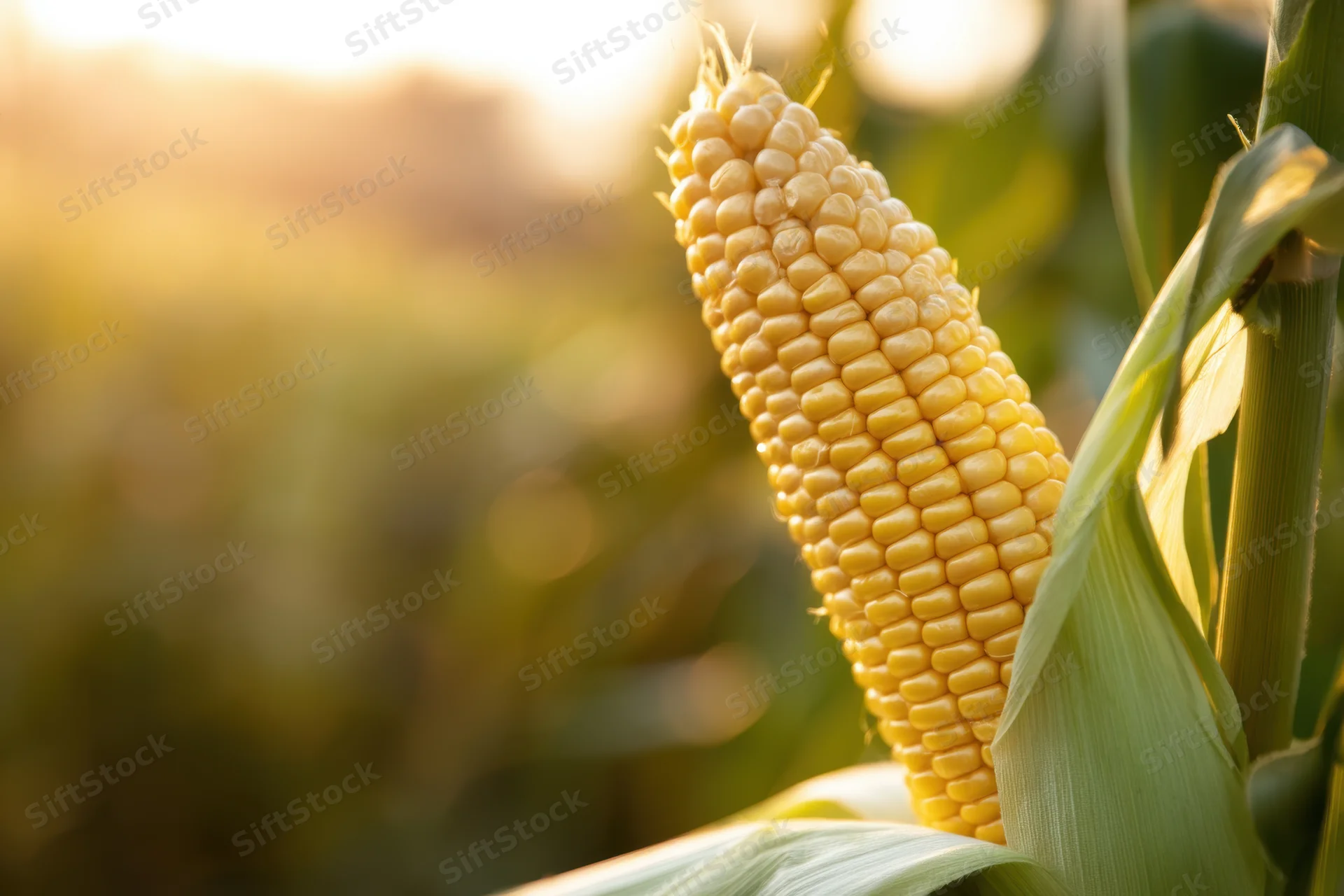 Ripe ear of corn on the cob with golden kernels in a field at golden hour