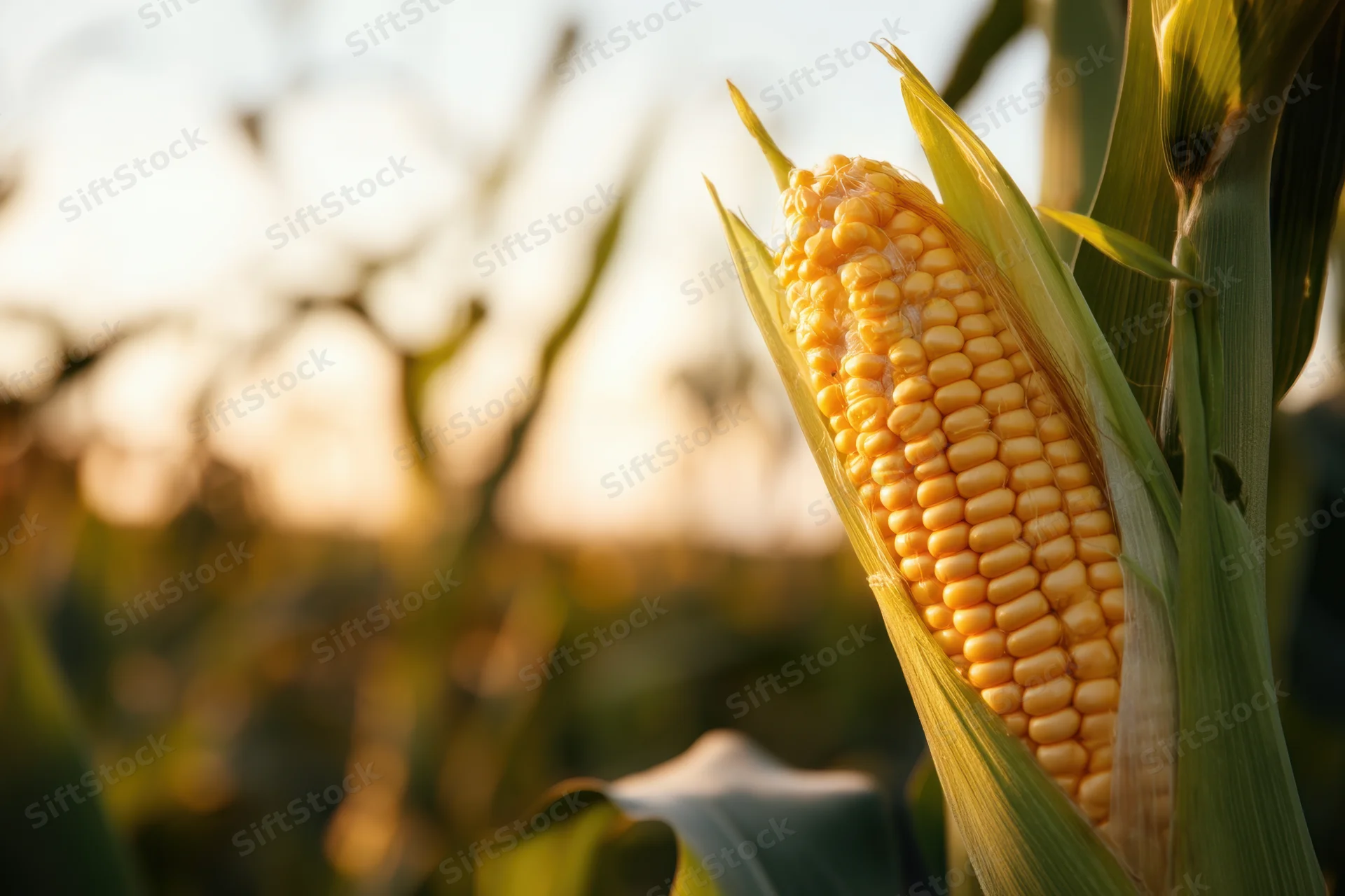 Ripe ear of corn on the cob with golden kernels partially exposed in a field at golden hour