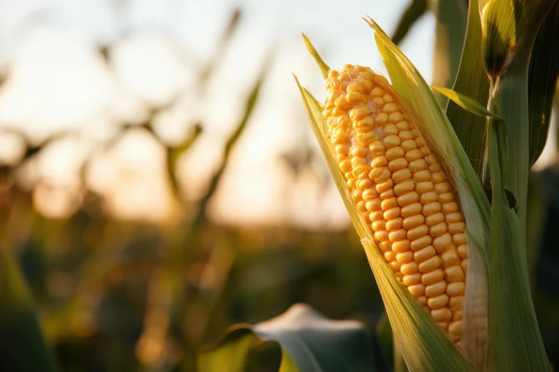 Ripe ear of corn on the cob with golden kernels partially exposed in a field at golden hour