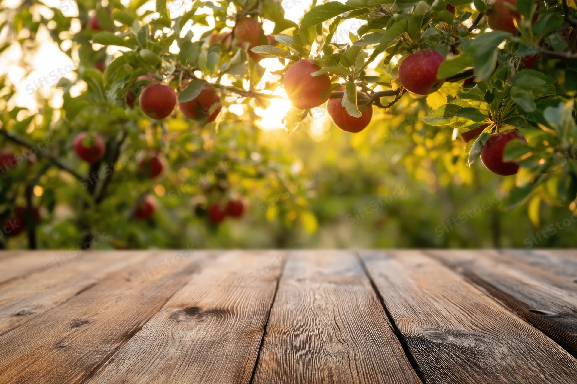 Rustic wooden table in foreground with apple orchard in background during autumn harvest season