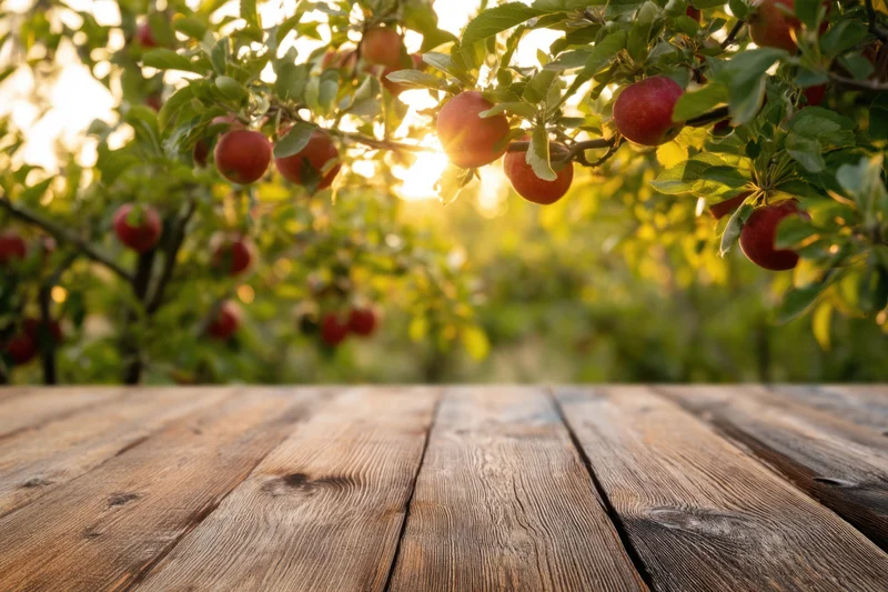 Rustic wooden table in foreground with apple orchard in background during autumn harvest season