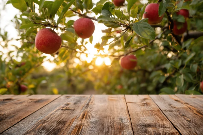 Rustic wooden table in foreground with apples on tree branches in orchard at sunset