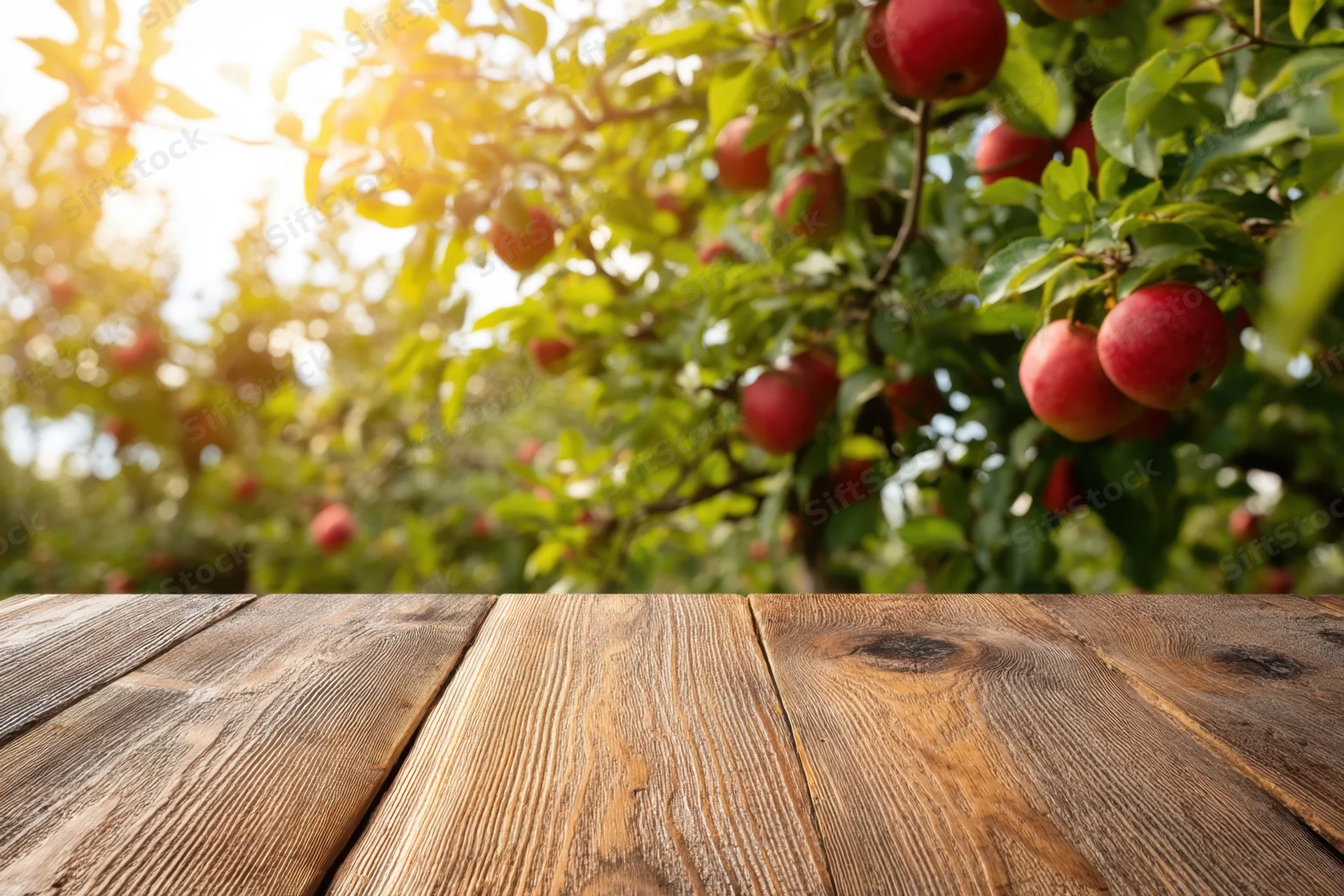 Rustic wooden table in foreground with apple orchard in background during autumn harvest