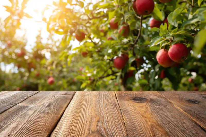 Rustic wooden table in foreground with apple orchard in background during autumn harvest
