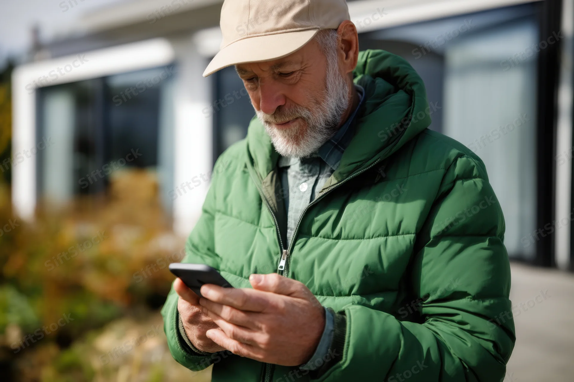 Senior man using smartphone outdoors in front of house wearing green jacket and cap