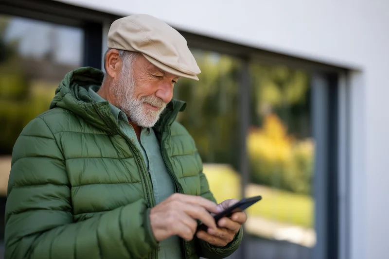 Senior man using smartphone outdoors near house wearing green puffer jacket and beige cap