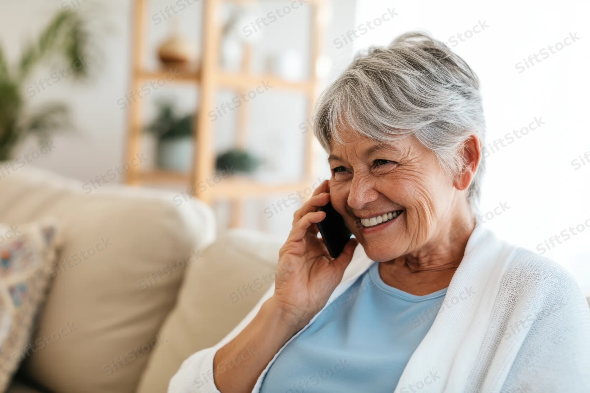 Senior woman smiling while talking on smartphone in living room