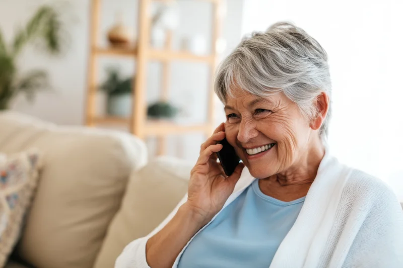 Senior woman smiling while talking on smartphone in living room