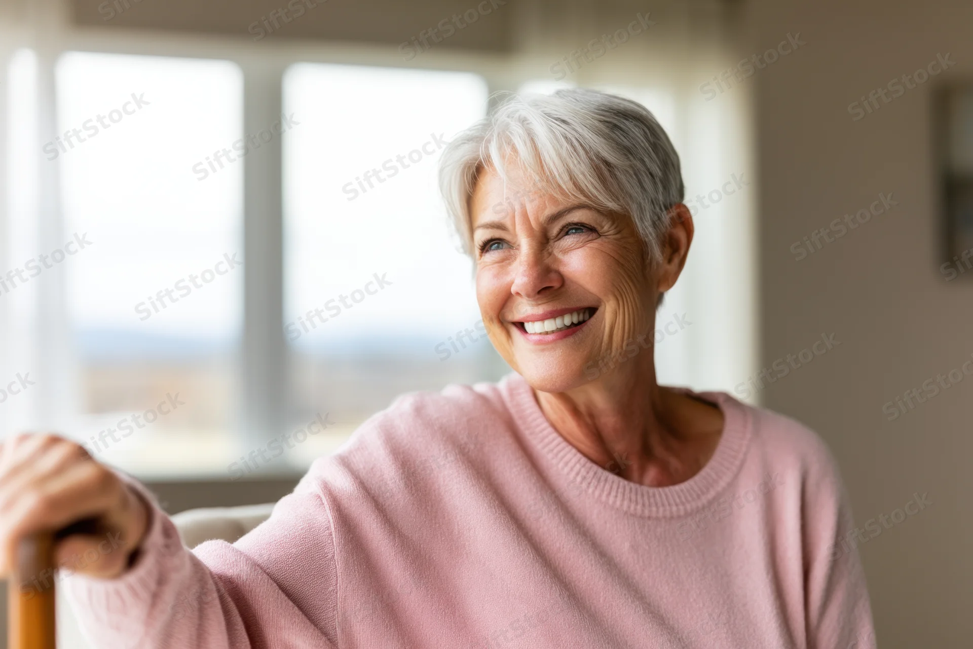 Senior woman smiling with short silver hair wearing pink sweater indoors near window