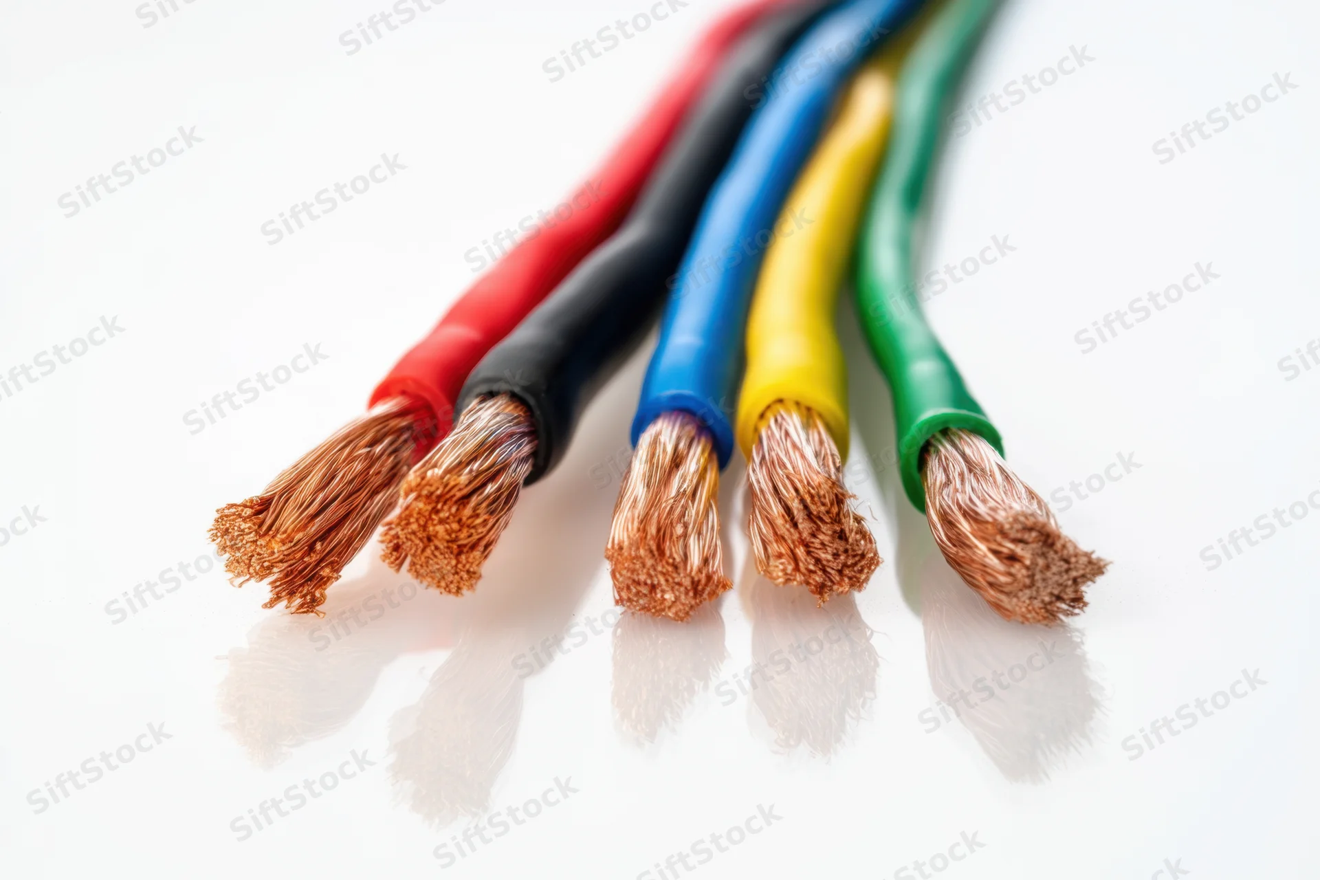 Multicolored electrical wires with exposed copper strands arranged in a bundle on a white background