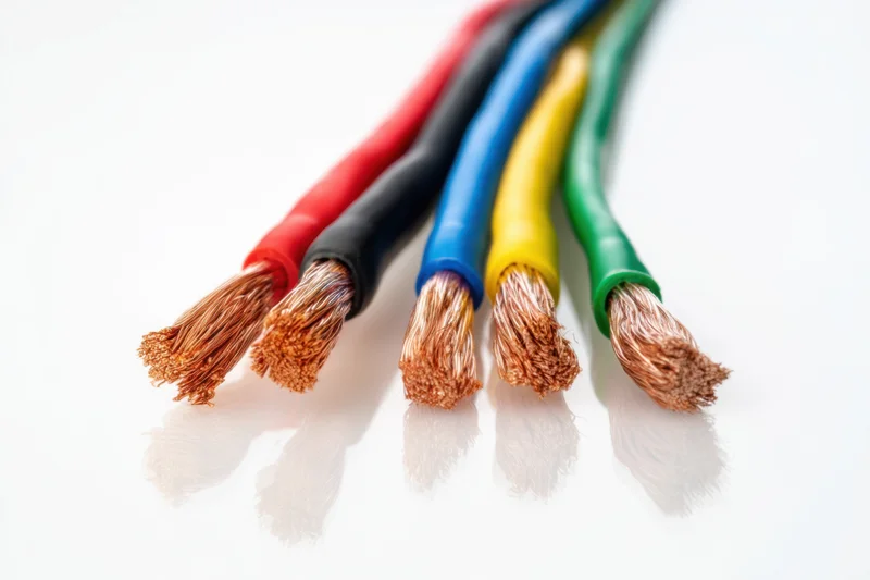 Multicolored electrical wires with exposed copper strands arranged in a bundle on a white background