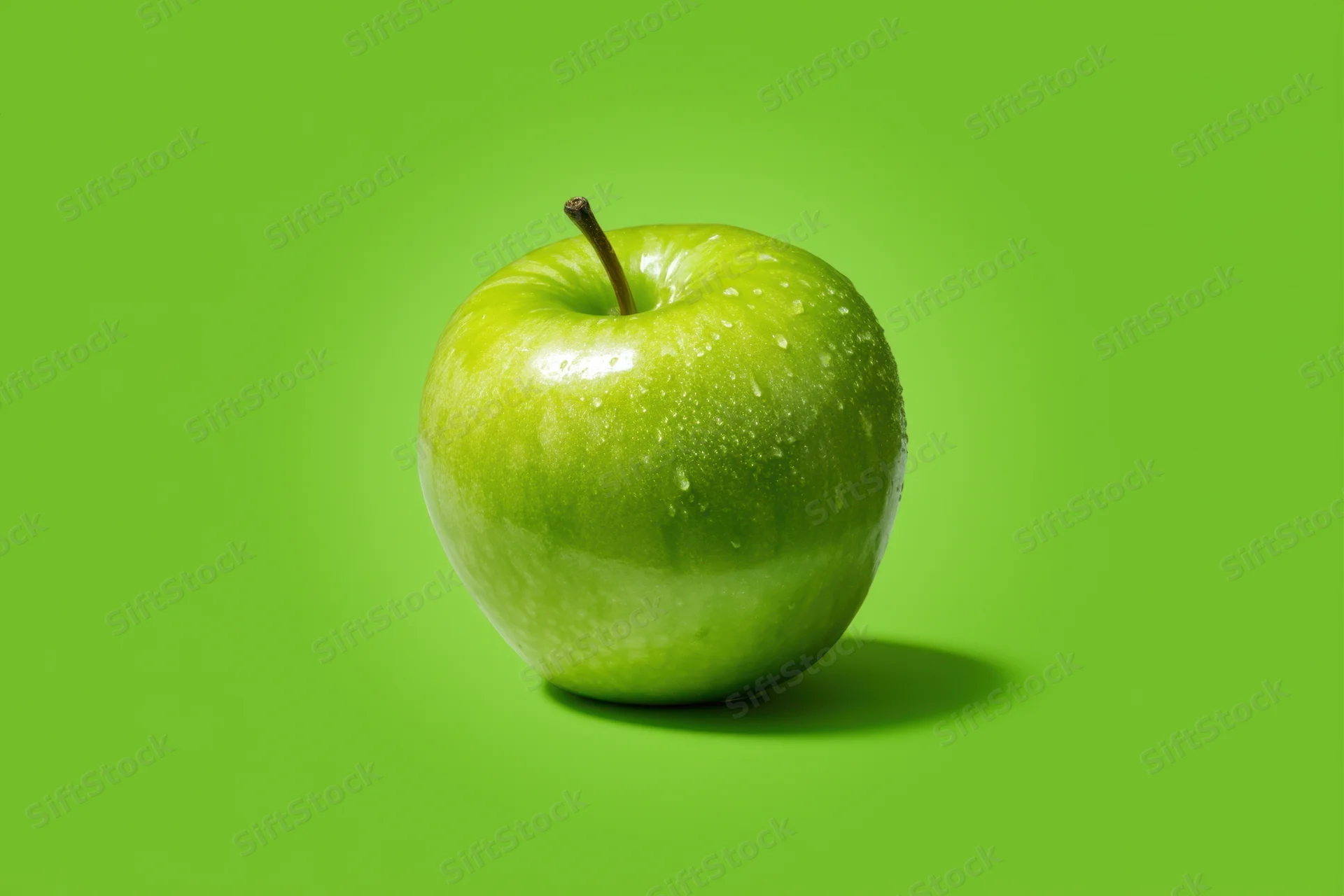 Shiny green apple with water droplets on smooth surface against green background