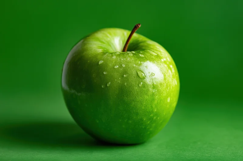 Shiny green apple with water droplets on smooth surface against green background