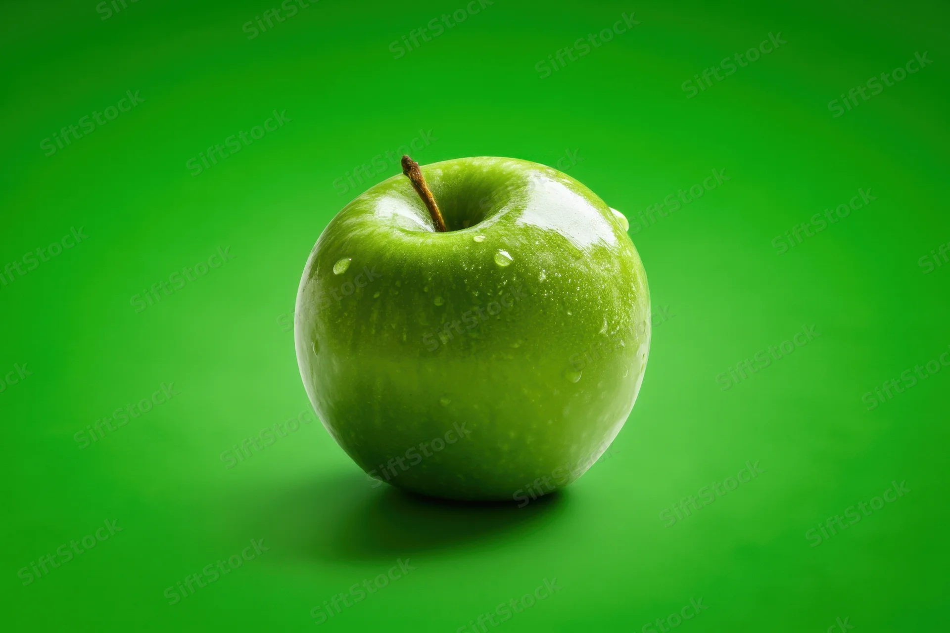 Shiny green apple with water droplets on a green background