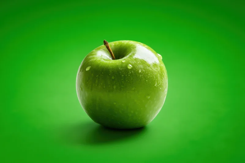 Shiny green apple with water droplets on a green background