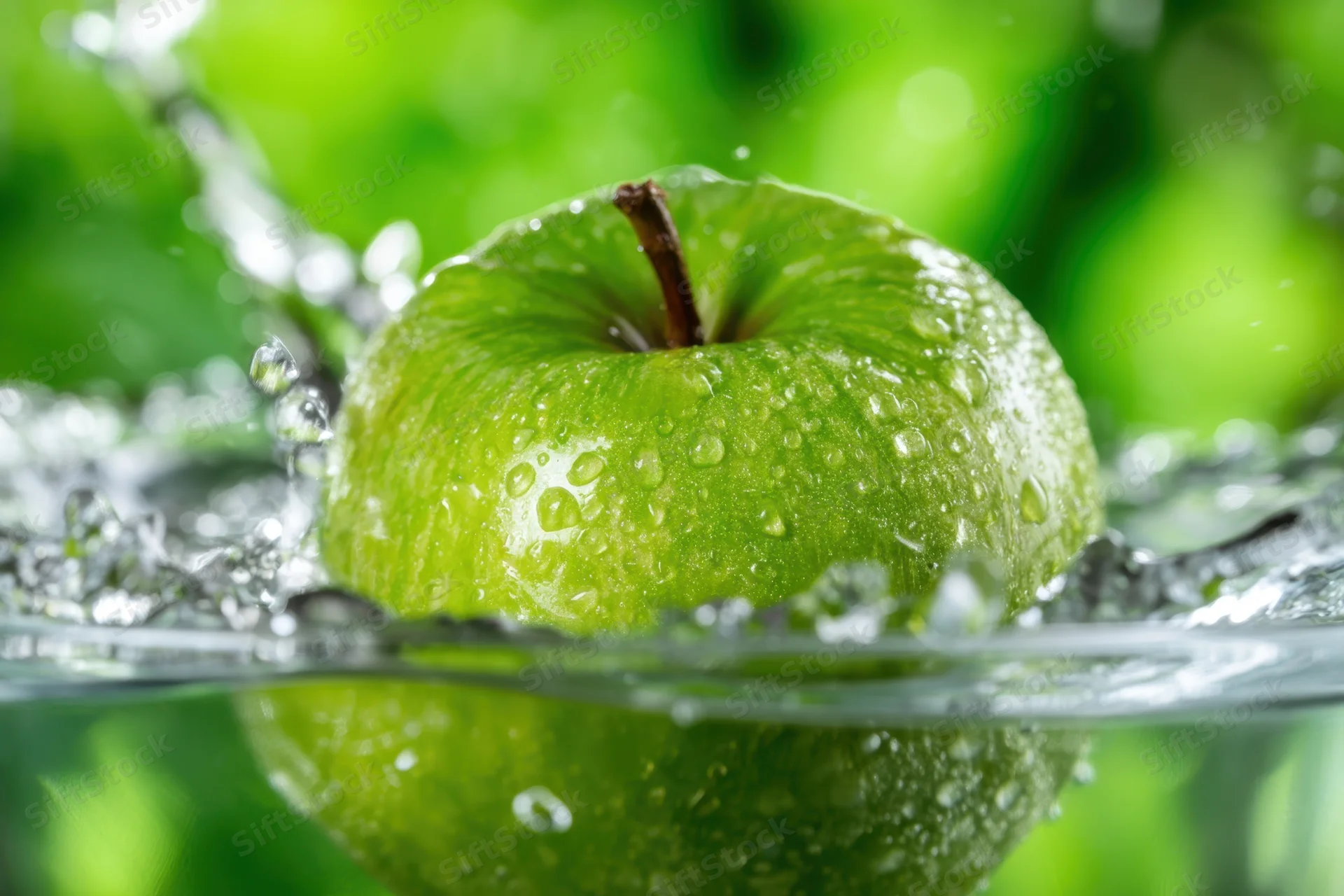Green apple with water droplets splashing around it in a clear bowl