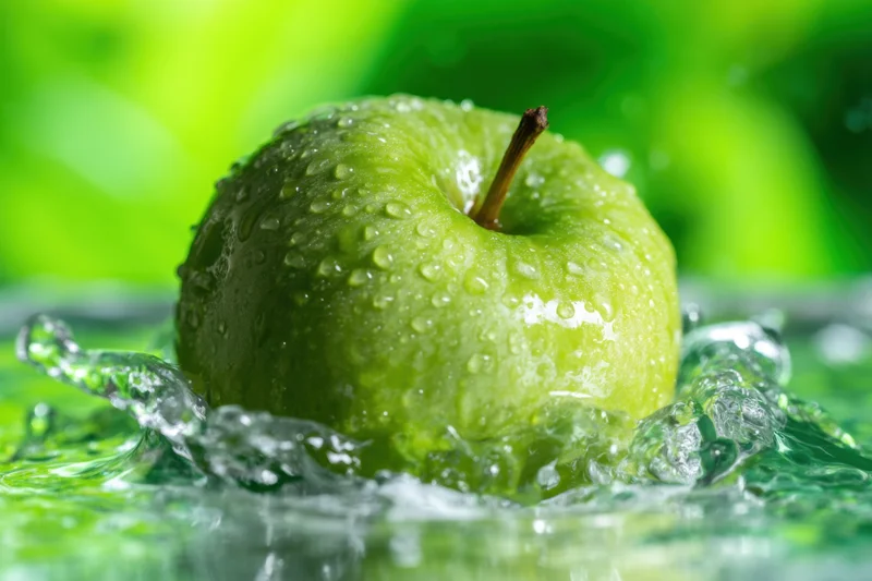 Green apple with water droplets splashing around it in a shallow pool of water