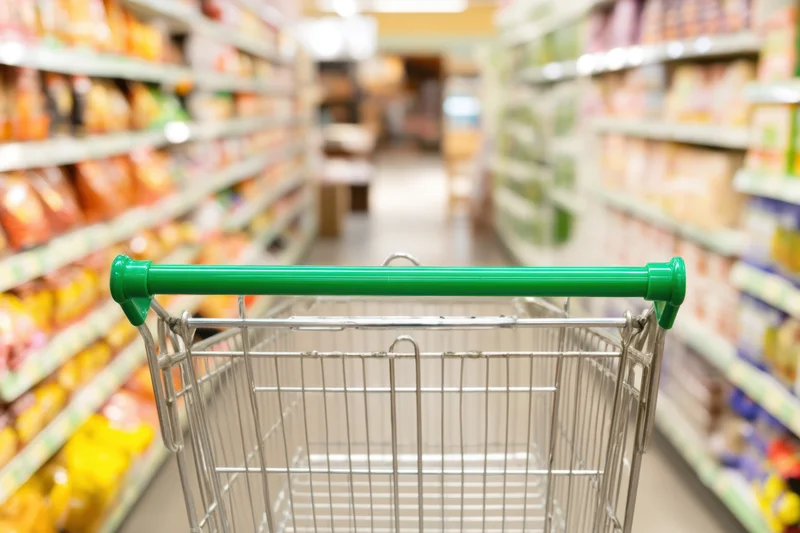 Shopping cart in foreground facing down supermarket aisle with shelves of products on both sides