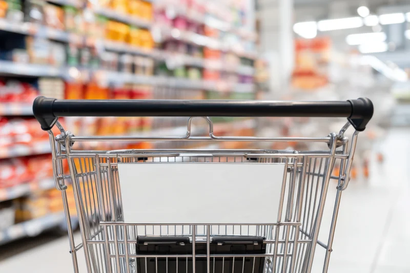 Shopping cart with blank sign panel in supermarket aisle