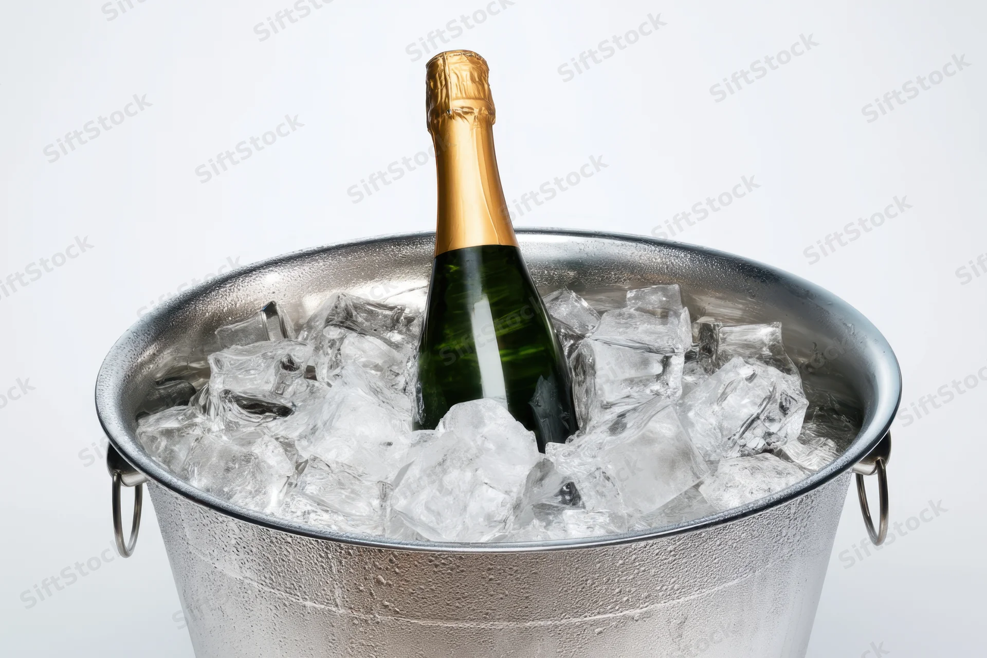 Champagne bottle chilling in a silver ice bucket filled with ice cubes